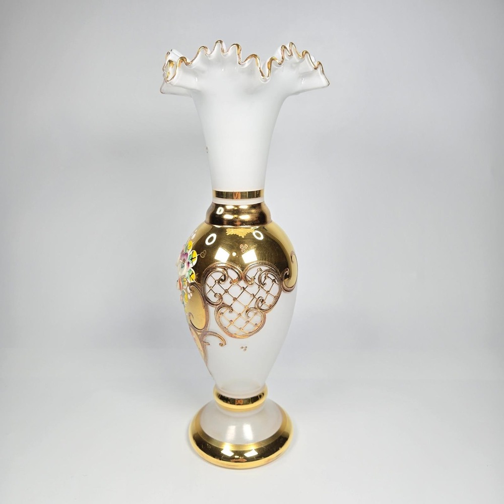 Vintage Bohemian Czech Gold Gilt Raised Enamel Hand-painted Vase Urn Ruffled 10" - Picture 2 of 11